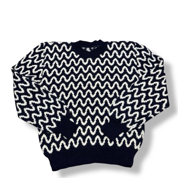 Vintage Women’s Wool Sweater S Blue Crop Zig Zag Geometric Puff Sleeve Artsy - Picture 8 of 9